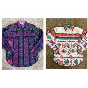 ADOBE ROSE Vtg Button Shirt Floral Western Rodeo Aztec Rockabilly Lot Of 2 LARGE
